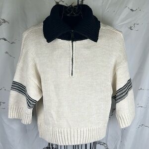 Mavi Cropped Boxy Sweater 1/2 Zip Adjustable Mock Neck 3/4 Sleeve Cream & Black
